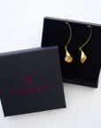 Brass lily earrings with elongated shape – handmade in Ireland