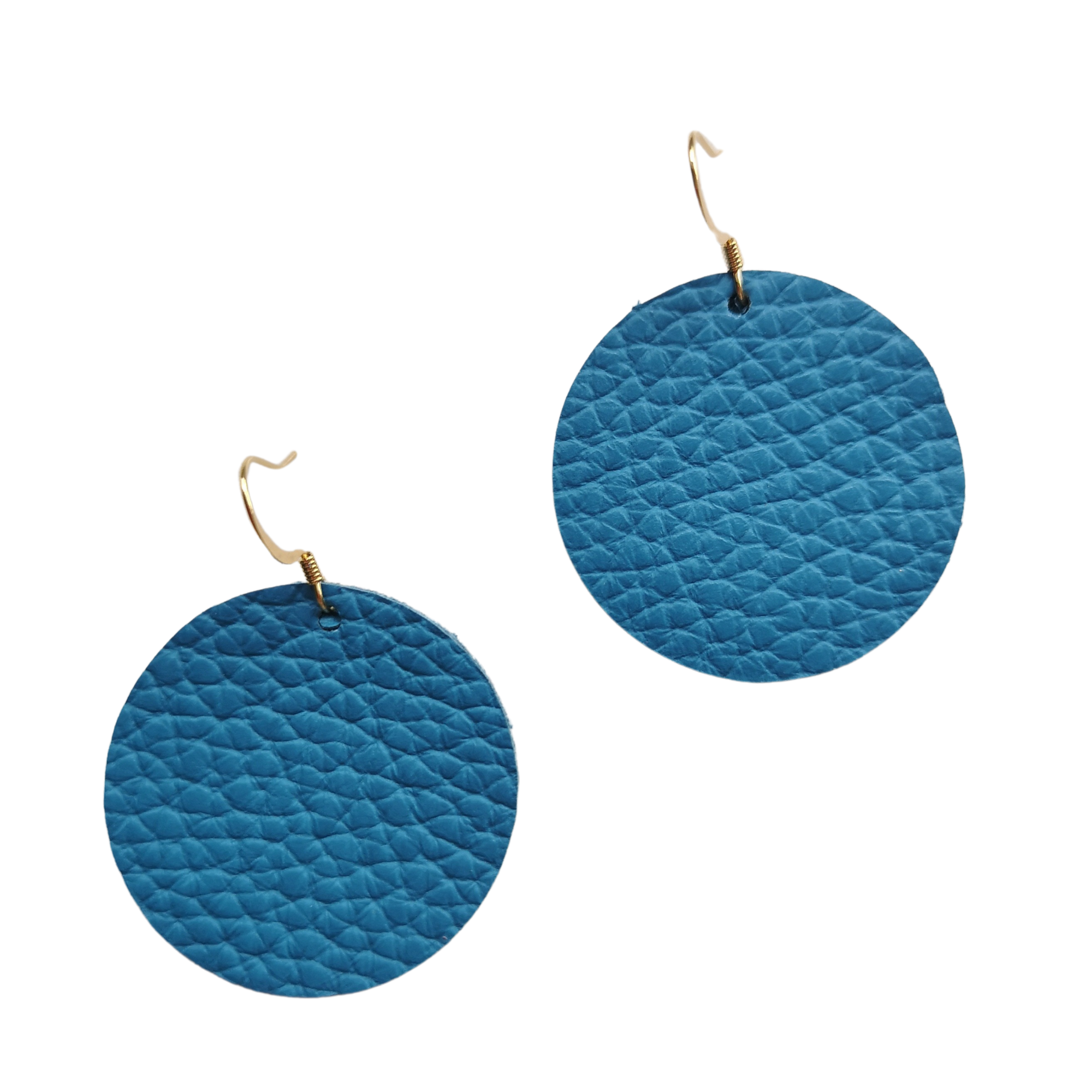 Grian leather earrings in bold blue – circular lightweight earrings with gold hooks on a plain white background