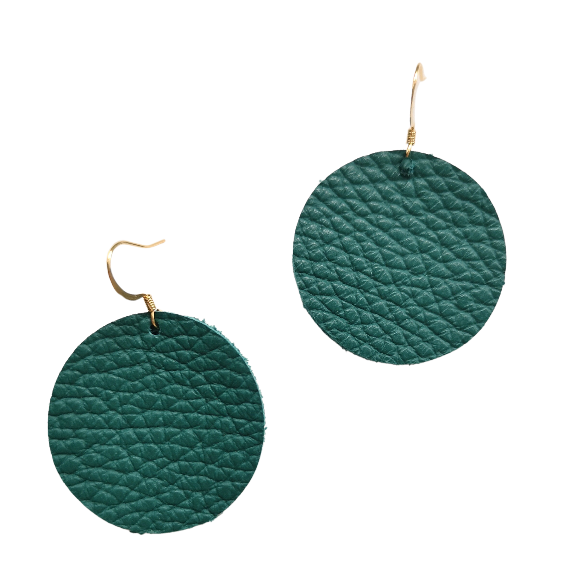 Grian leather earrings in deep green – circular lightweight earrings with gold hooks on a plain white background