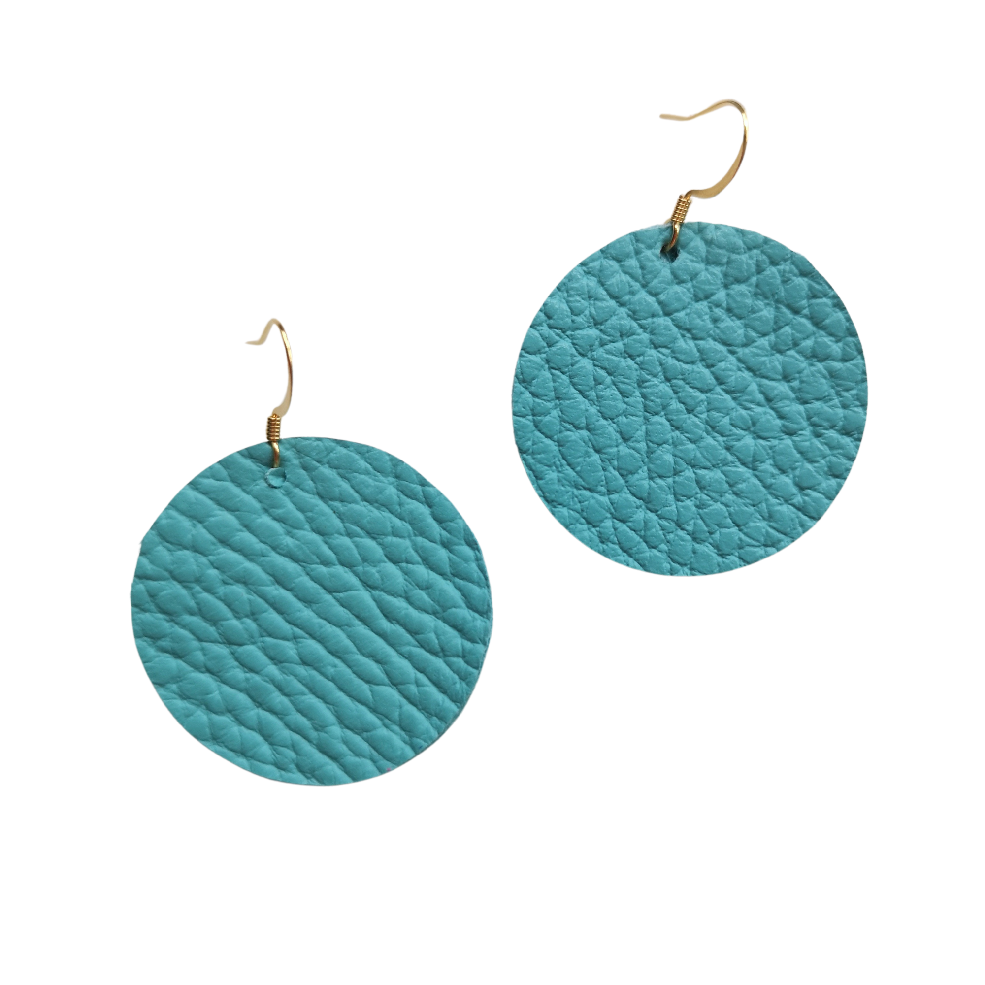 Grian leather earrings in turquoise – circular lightweight earrings with gold hooks photographed on a plain white background