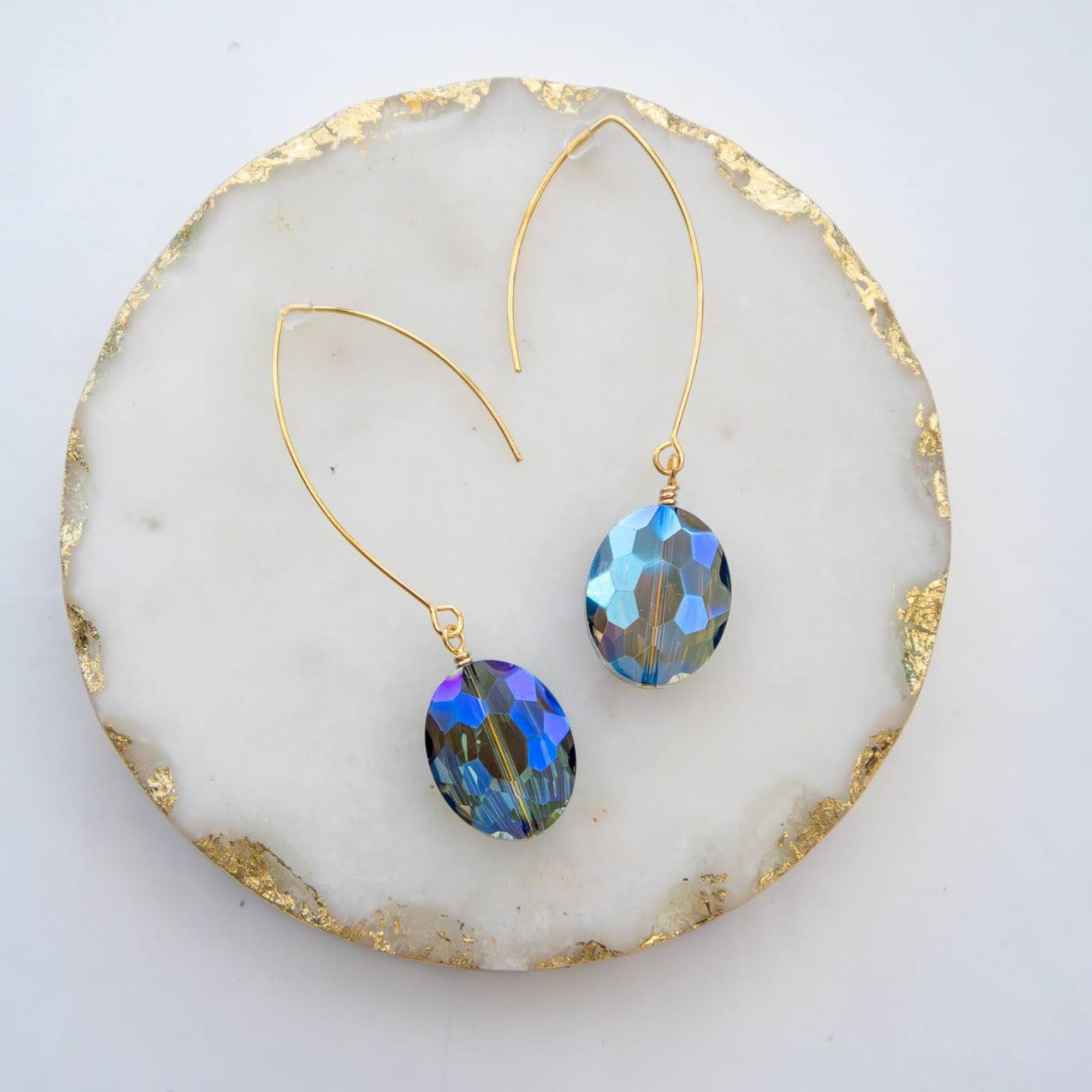 Rainbow blue faceted glass earrings – handmade in Ireland