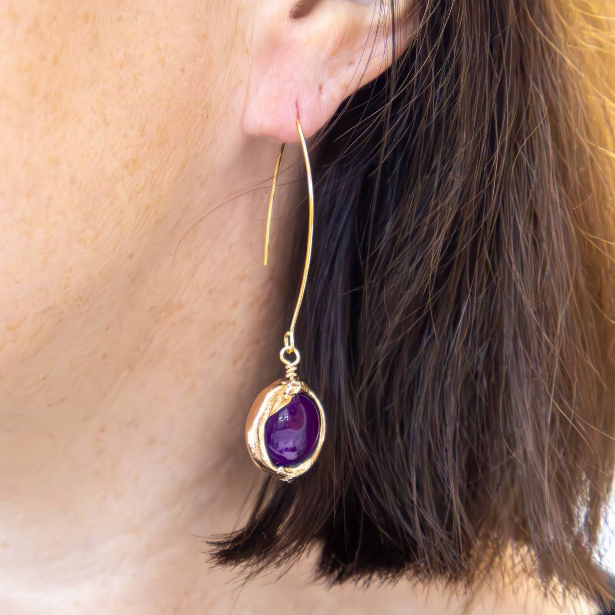 Gold surround coin earrings in purple agate – handmade in Ireland

