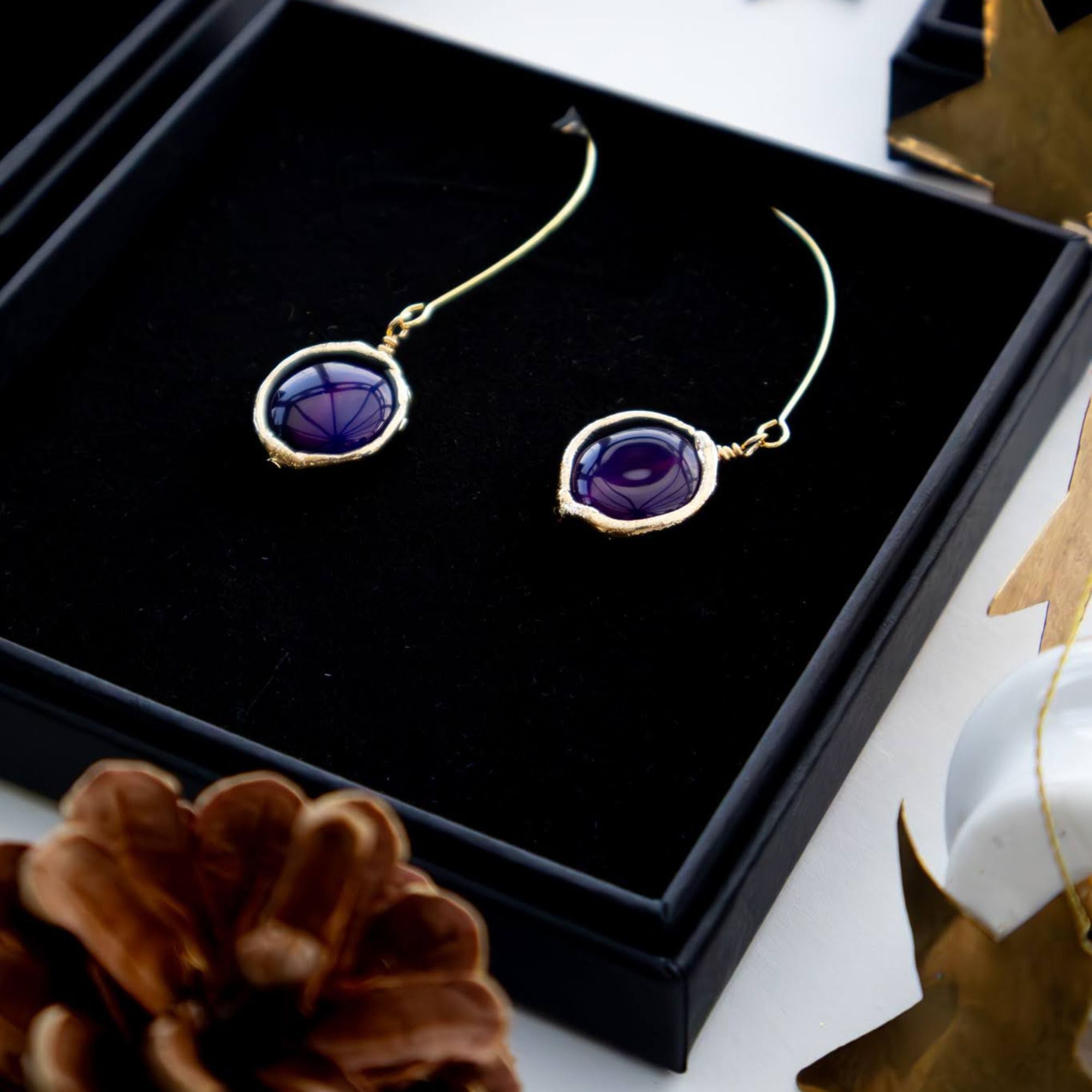 Organic-shaped agate earrings with polymer clay frame