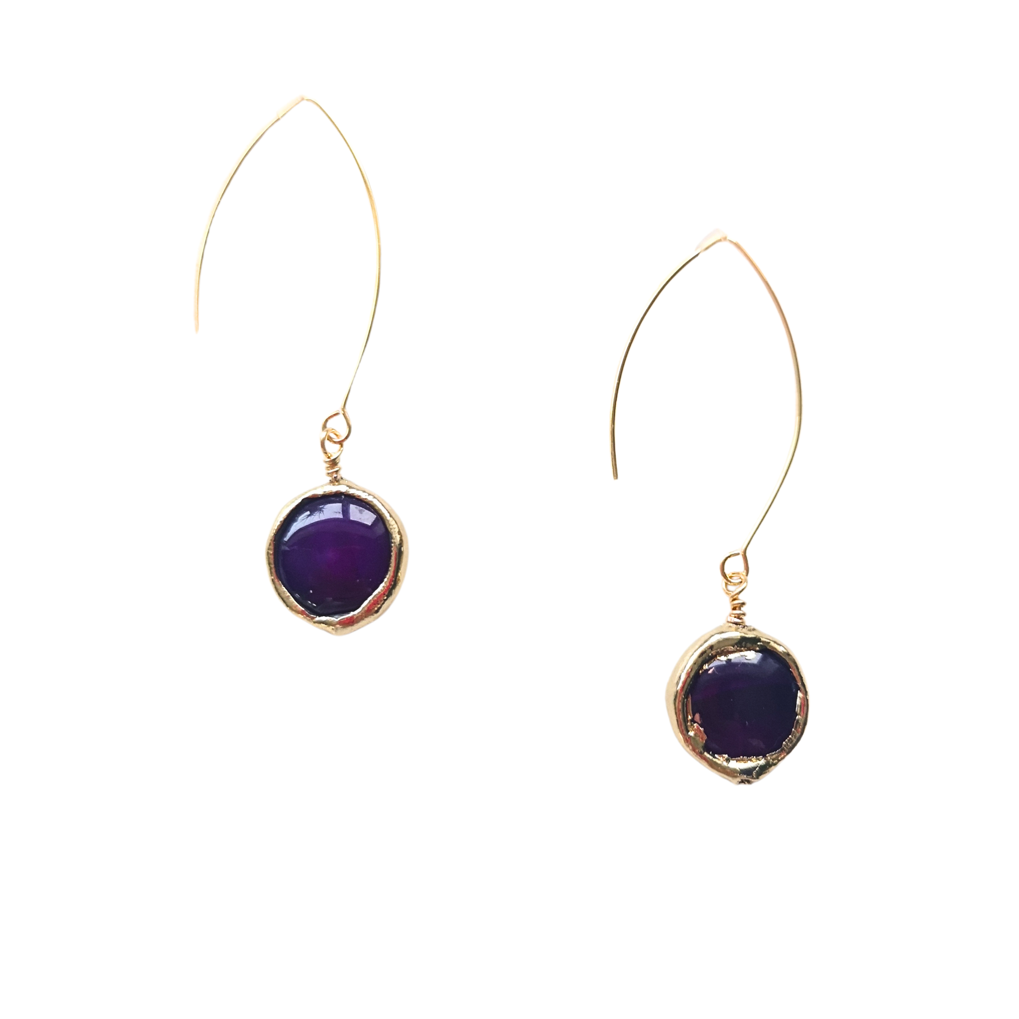 Close-up of lightweight coin earrings in purple