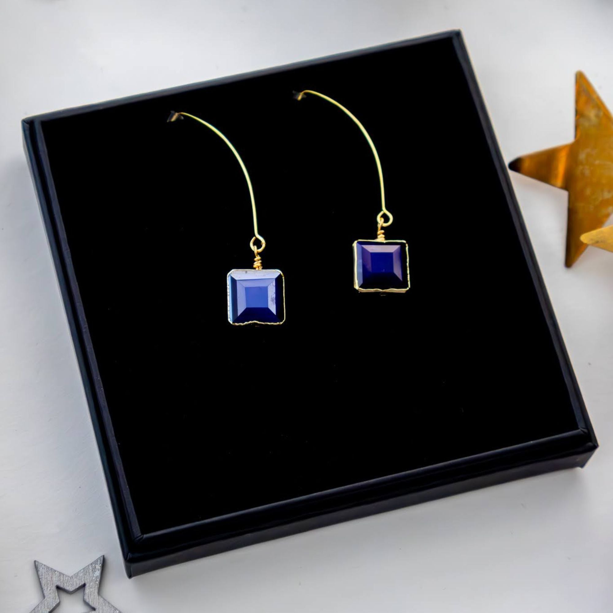 Royal blue square earrings with brass edging – handmade in Ireland