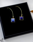 Royal blue square earrings with brass edging – handmade in Ireland