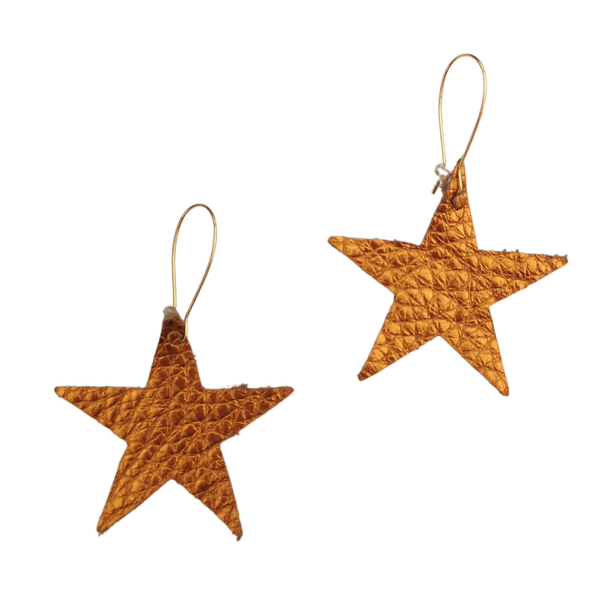 Pair of copper-toned leather star earrings with a textured finish and gold-tone hooks, shown on a white background