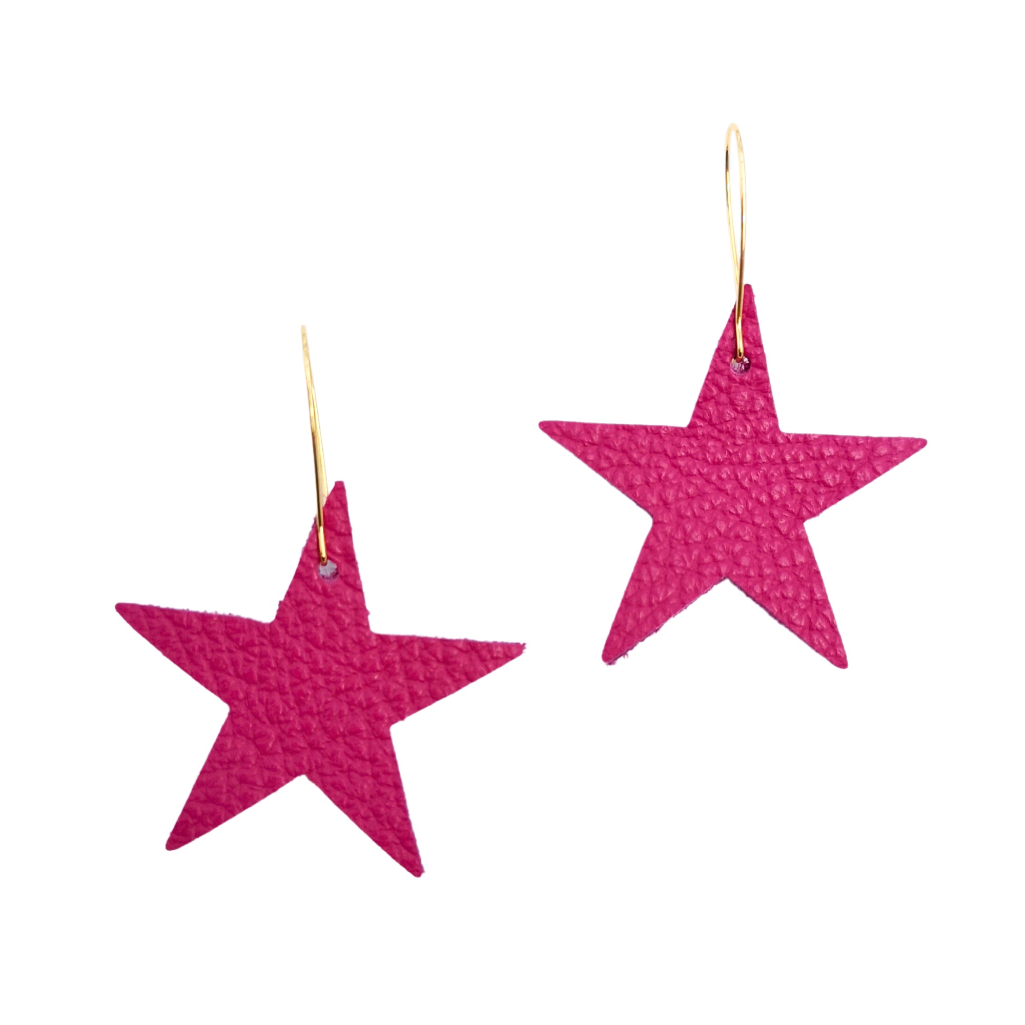Pair of pink leather star earrings with a textured finish and gold-tone hooks, displayed on a white background