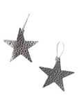 Pair of silver leather star earrings with a textured finish and silver-tone hooks, displayed against a white background