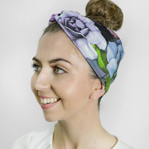 Wide cotton stretch knot headband in blue, lilac, green