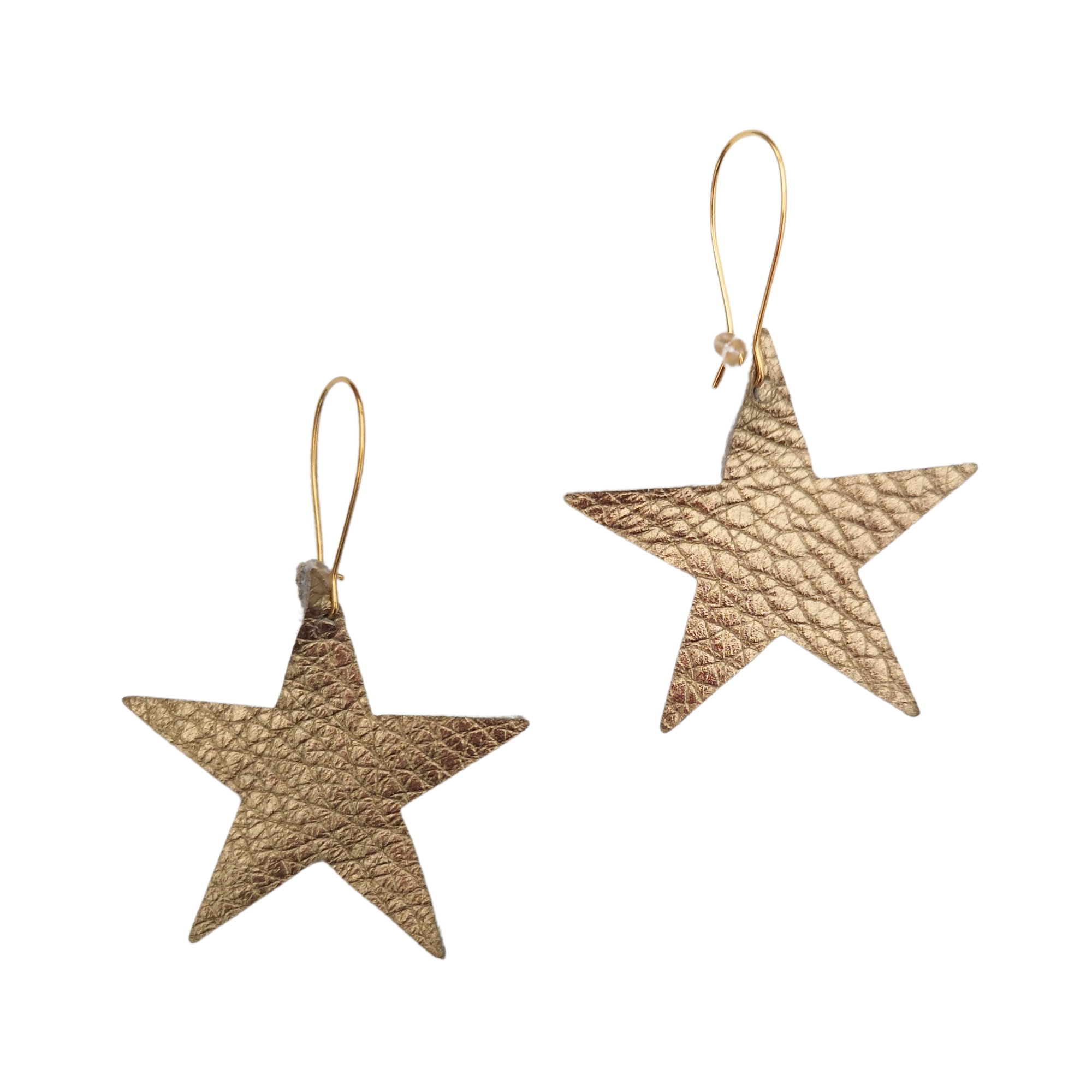 Pair of gold leather star earrings with a textured finish and gold-tone hooks, displayed against a white background