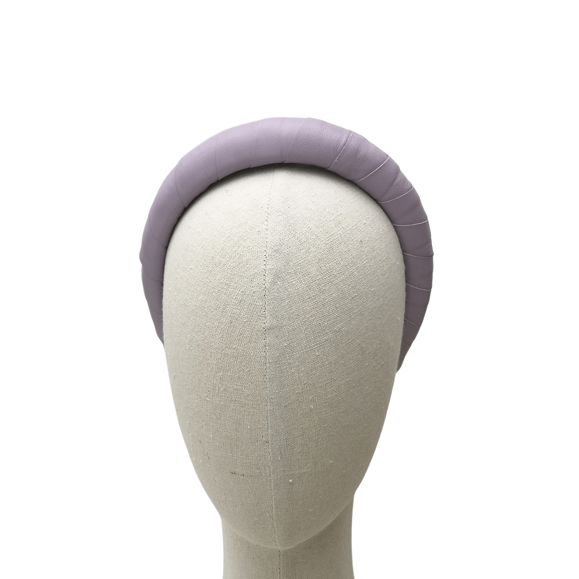 Lilac padded headband displayed on a neutral mannequin head against a white background