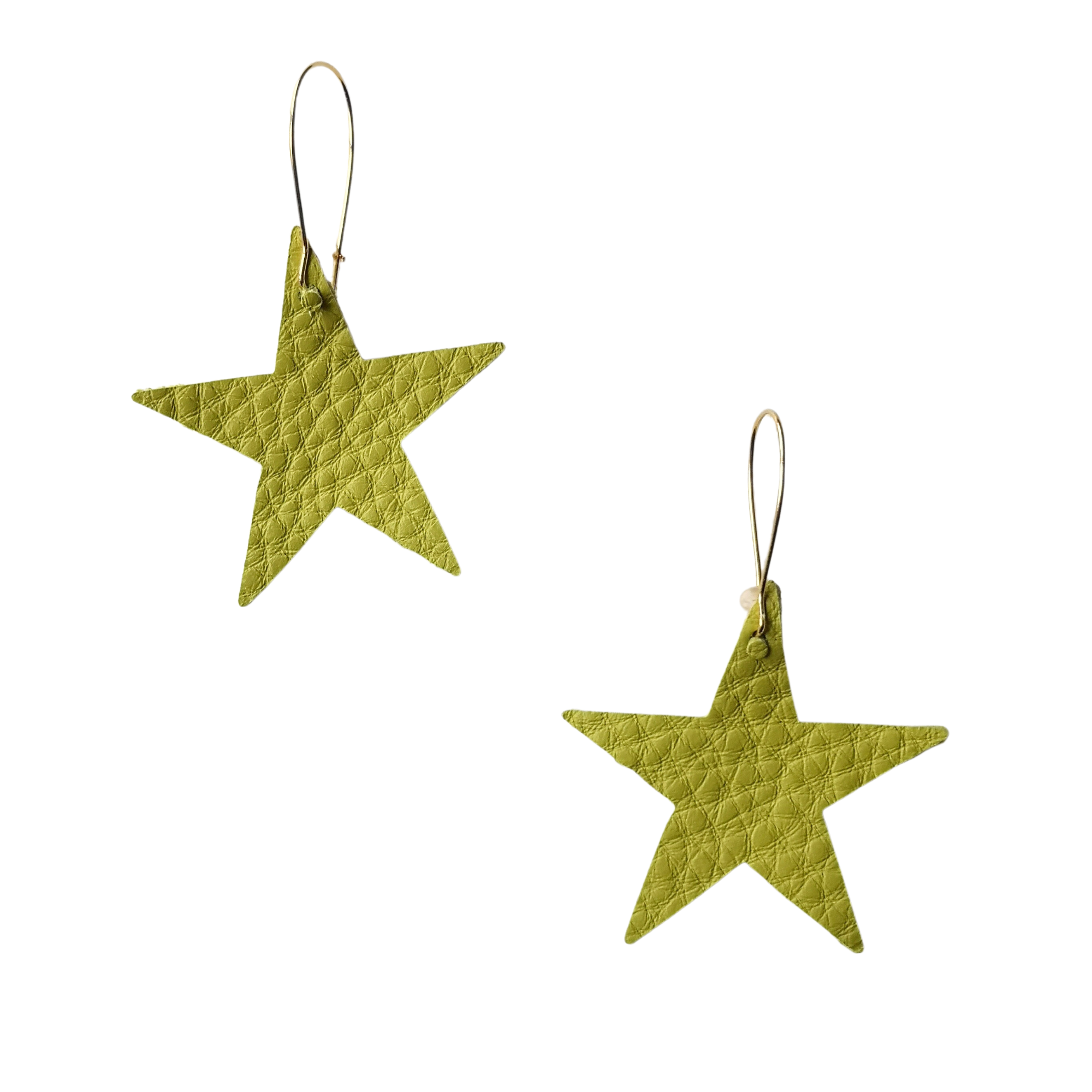 Pair of lime green star-shaped leather earrings with gold-plated hooks, shown on a white background