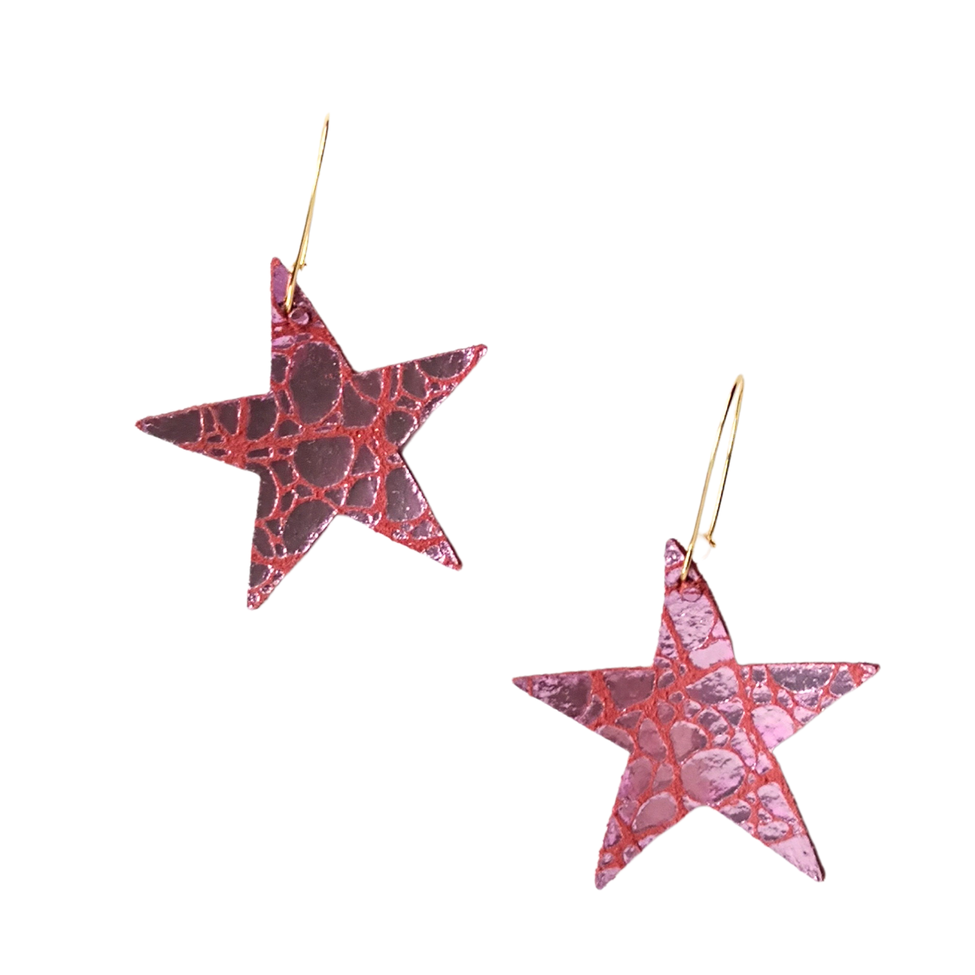 Pair of metallic pink textured leather star earrings with gold-plated hooks, displayed on a white background
